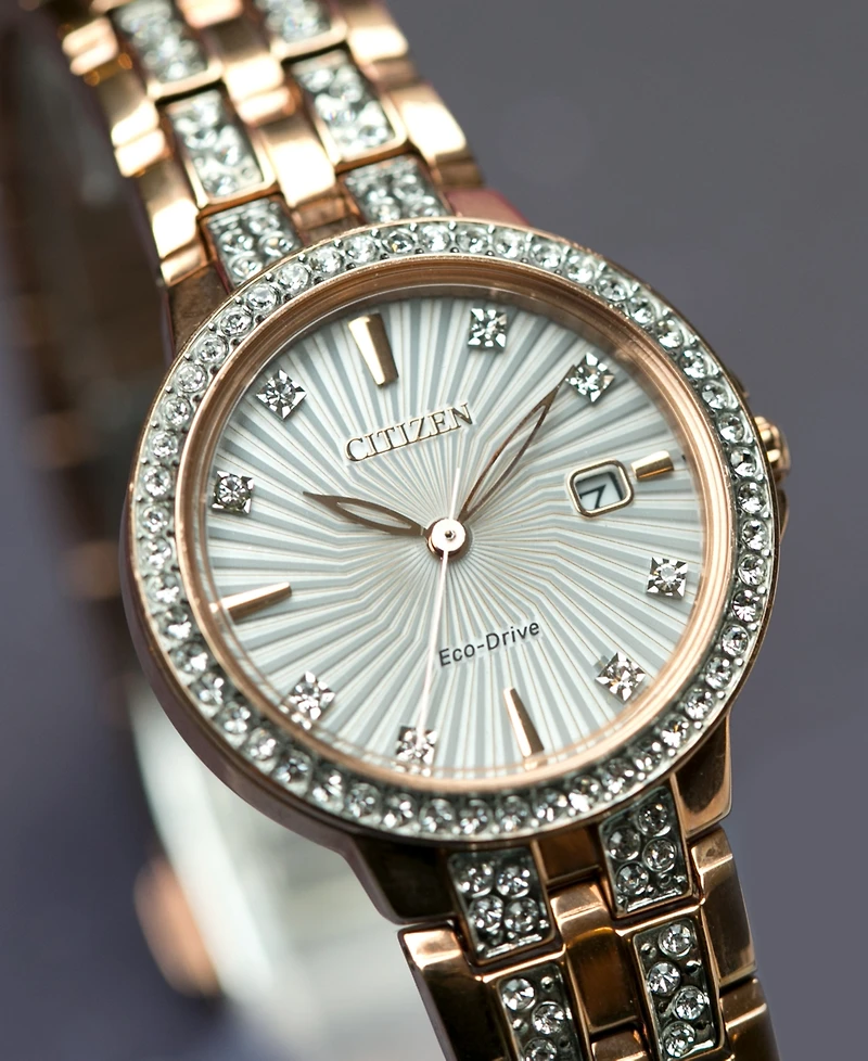 Citizen Women's Eco-Drive Crystal Accent Rose Gold-Tone Stainless Steel Bracelet Watch 28mm EW2348-56A