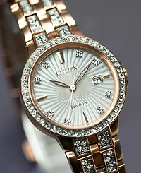 Citizen Women's Eco-Drive Crystal Accent Rose Gold-Tone Stainless Steel Bracelet Watch 28mm EW2348-56A