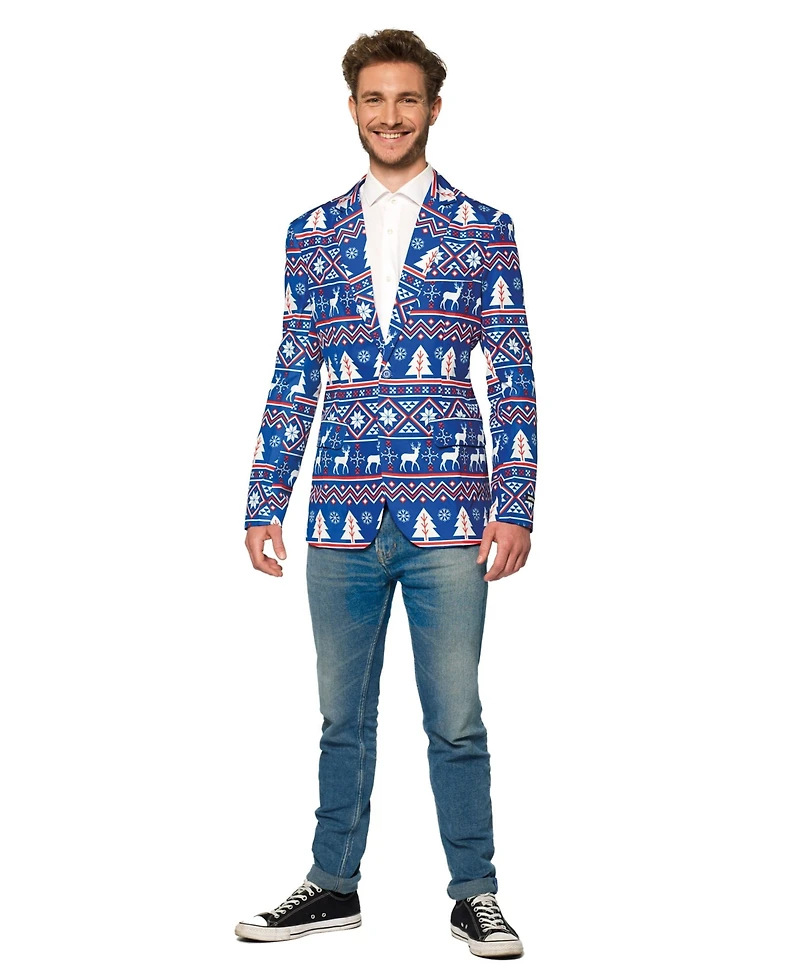 Suitmeister Men's Blue Christmas Blazer - Ugly X- Mas Holiday Festive Nordic Print White