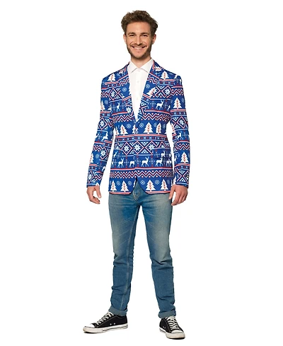 Suitmeister Men's Blue Christmas Blazer - Ugly X- Mas Holiday Festive Nordic Print White