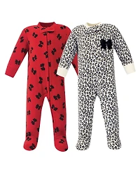 Little Treasure Baby Girls Treasure Fleece Zipper Sleep and Play 2pk, Leopard Bow, 6-9 Months