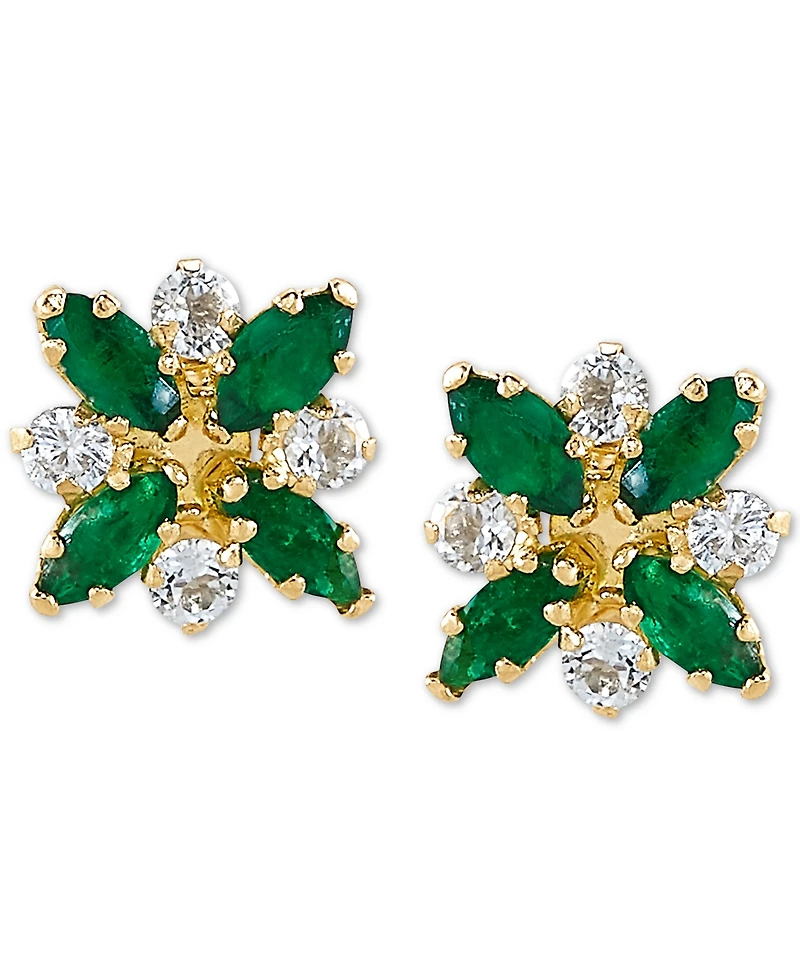 Emerald (3/4 ct. t.w.) & White Topaz (1/3 Flower Stud Earrings 10k Gold