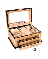Bey-Berk Birdseye Maple 3 Level Jewelry Box with Gold tone Accents and Locking Lid