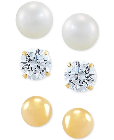 3-Pc. Set Cutured Freshwater Pearl (3-3/4mm), Cubic Zirconia & Polished Round Stud Earrings in 10k Gold