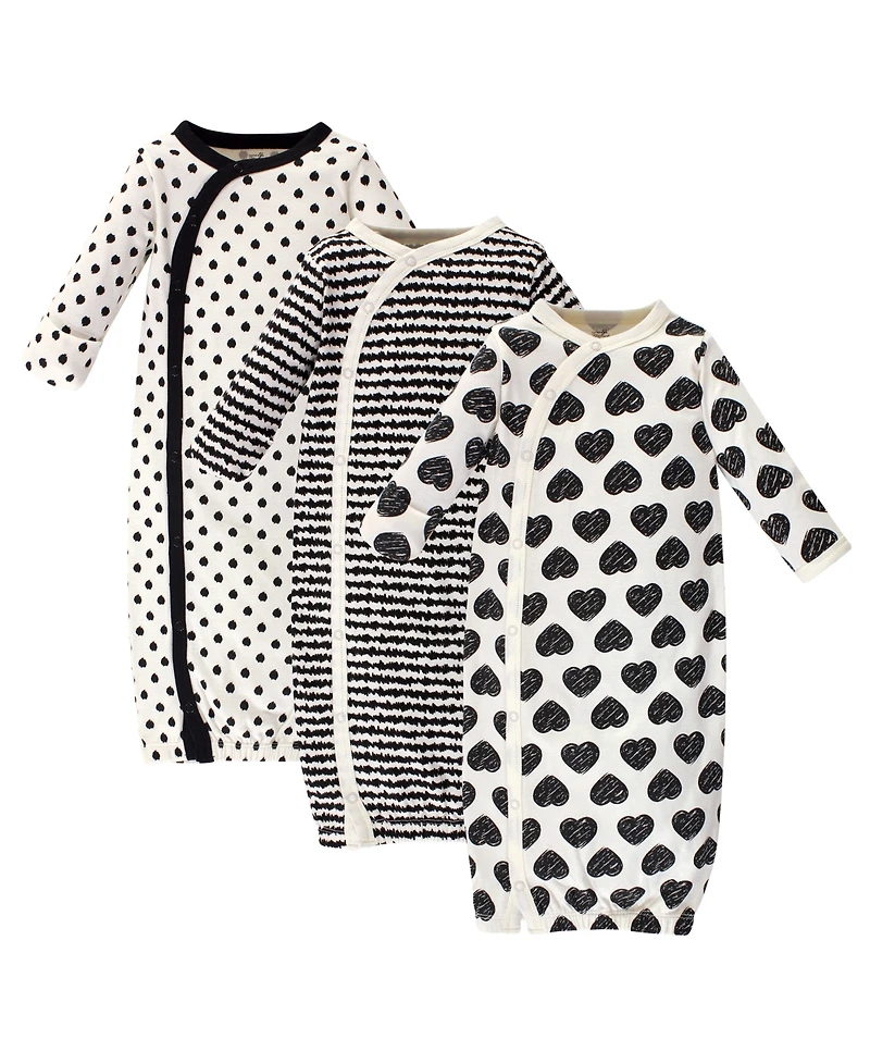 Touched by Nature Baby Girls Organic Cotton Side-Closure Snap Long-Sleeve Gowns 3pk, Heart, Preemie