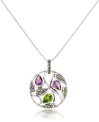 Marcasite and Amethyst ( 1-3/4 ct. tw.) and Peridot (2-5/8 ct. t.w.) Paisley Round Pendant +18" Chain in Sterling Silver