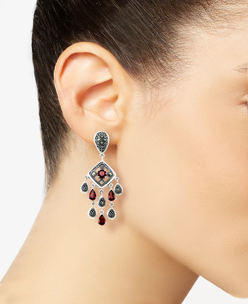 Marcasite and Garnet (3-3/4 ct. t.w.) Chandelier Post Earrings in Sterling Silver