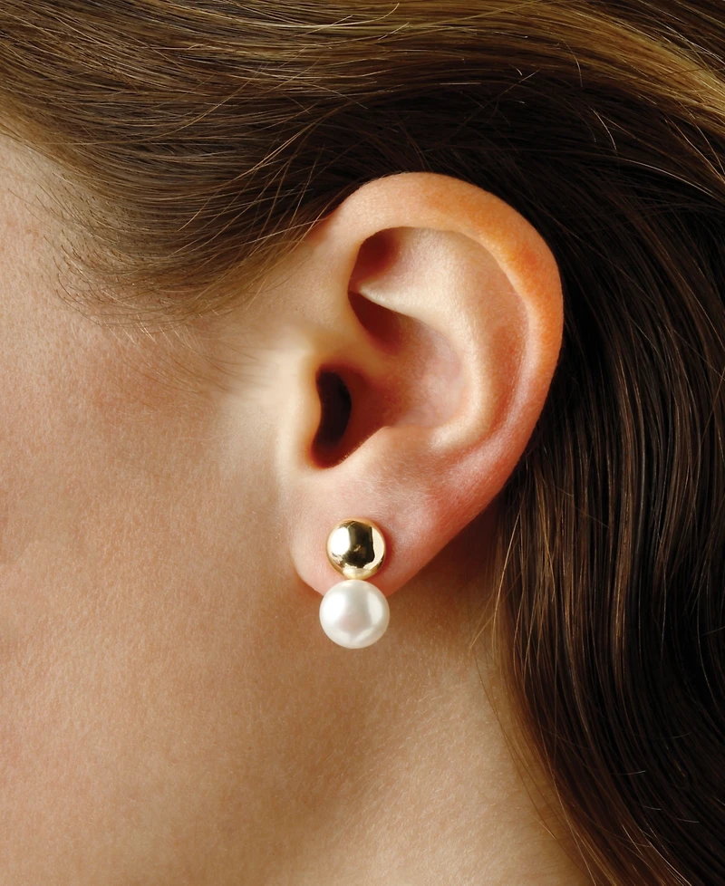 Flat Ball Pearl (8 1/2 mm) Drop Earrings Set 14k Yellow Gold