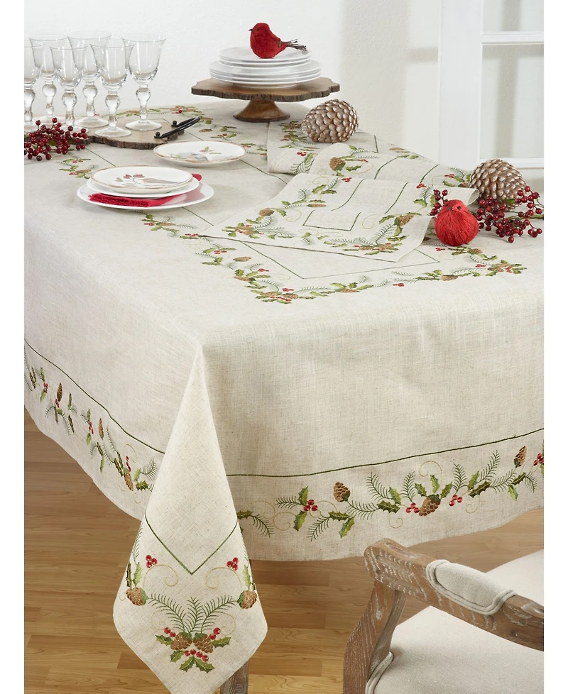 Saro Lifestyle Christmas Table Runner with Embroidered Pinecone and Holly Design