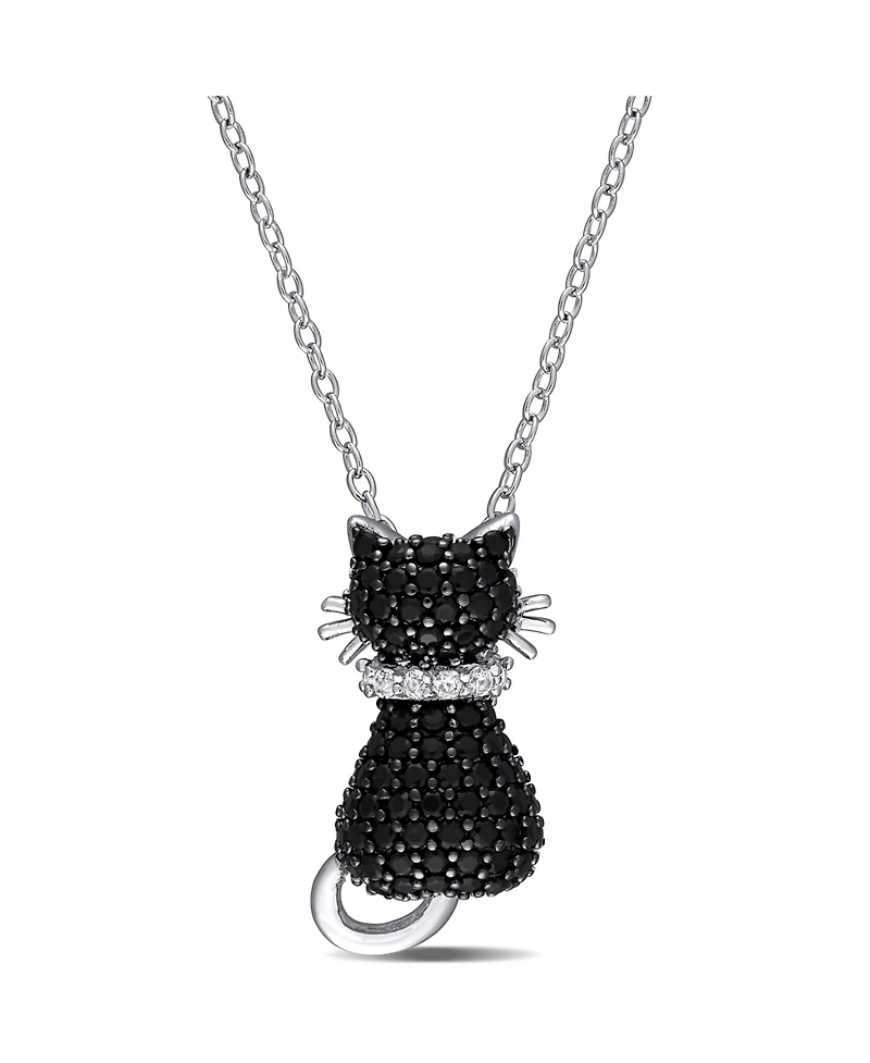 Black Spinel (2 1/3 ct. t.w.) and Lab Grown White Sapphire Accent Kitty Cat Necklace in Sterling Silver