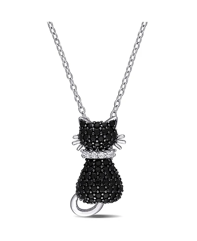 Black Spinel (2 1/3 ct. t.w.) and Lab Grown White Sapphire Accent Kitty Cat Necklace in Sterling Silver