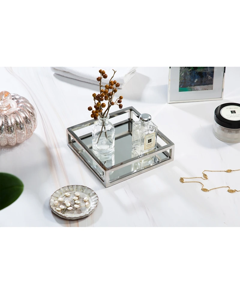 Classic Touch Small Square Mirrored Tray with Chrome Rails