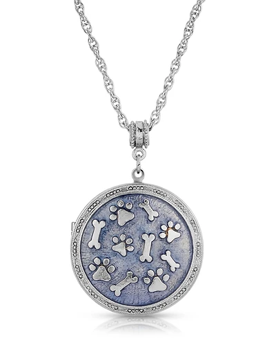 2028 Silver Tone Enamel Round Paw and Bones Necklace