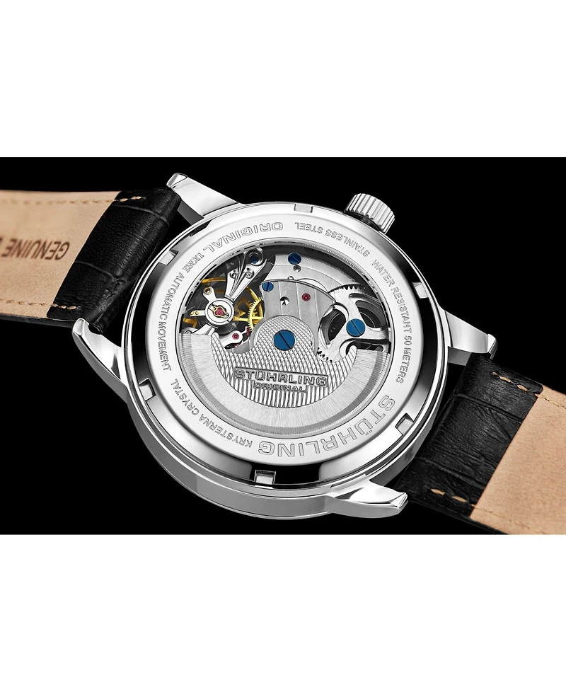 Stuhrling Men's Black Leather Strap Watch 49mm