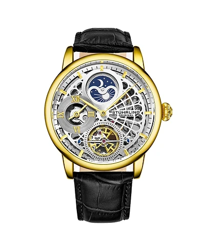 Stuhrling Men's Black Leather Strap Watch 43mm