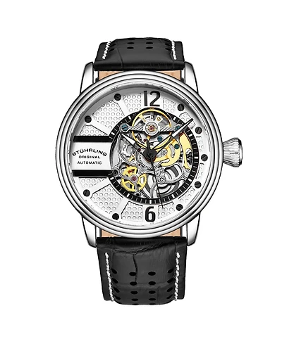 Stuhrling Men's Black Leather Strap Watch 44mm