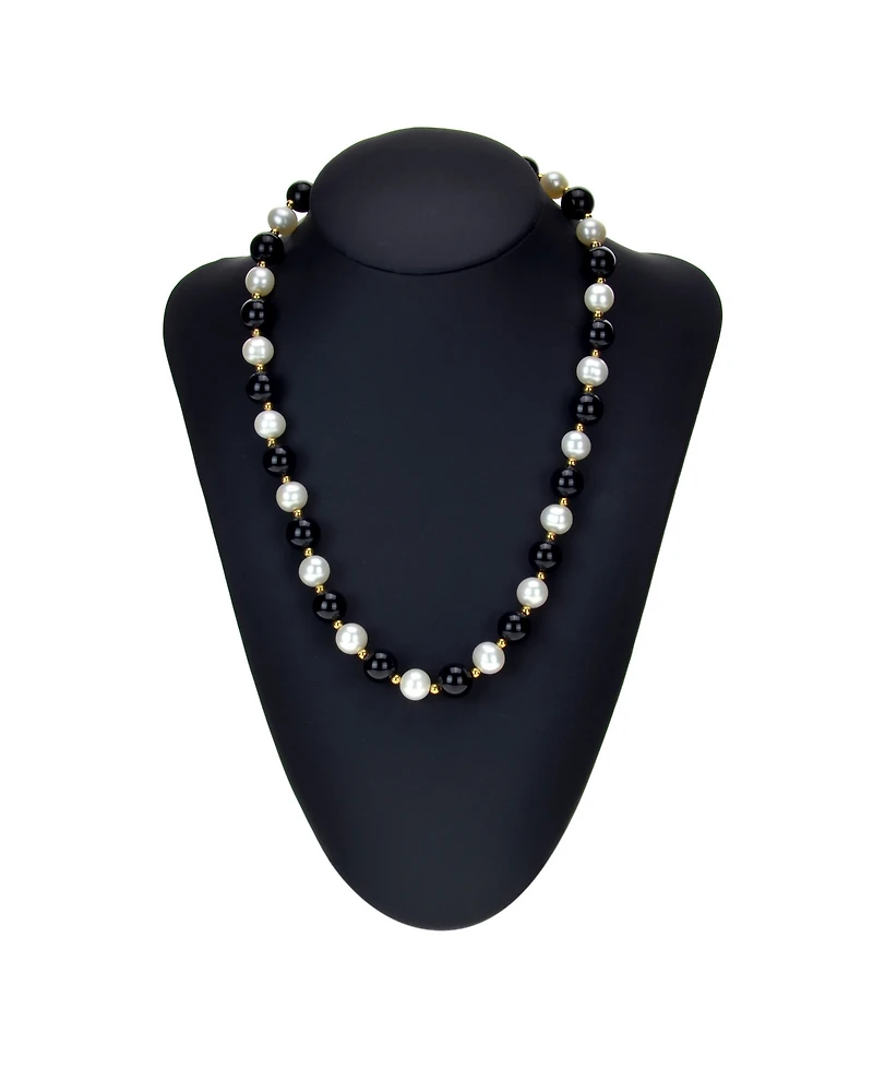 White Freshwater Cultured Pearl (9-9.5mm) with Black Onyx (10mm) and Gold Beads (3mm) 18" Necklace in 14k Yellow Gold