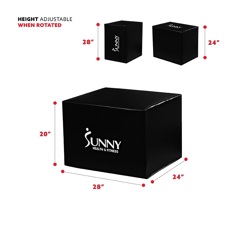 Sunny Health & Fitness Plyo Box Jump Platform with Adjustable Heights 20"/24"/28" and Shock Absorbing Foam Cover, 3-in-1 Plyometric Jump Box