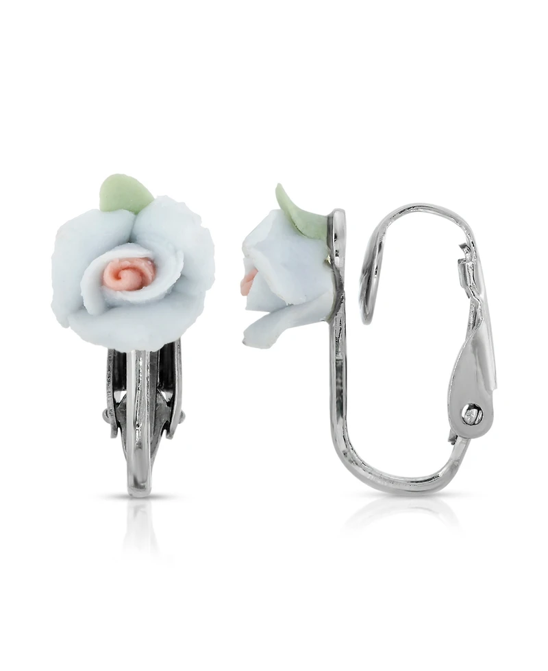 2028 Silver Tone Porcelain Rose Clip Earrings