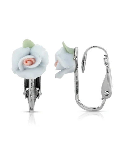 2028 Silver Tone Porcelain Rose Clip Earrings