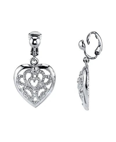 2028 Silver Tone Filigree Heart Clip Drop Earrings