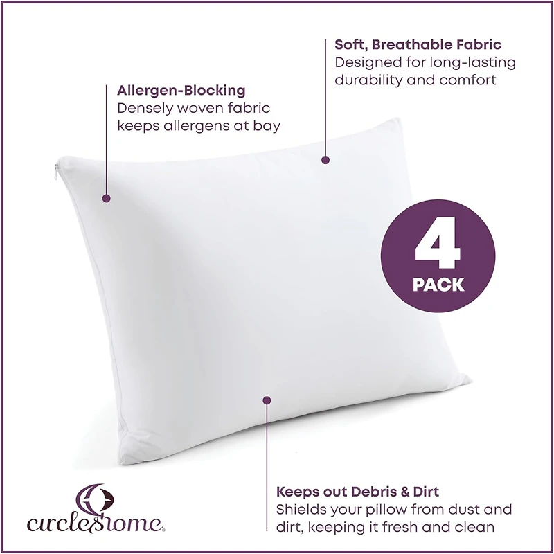 Circles Home 100% Cotton Pillow Protector with Zipper – White (4 Pack