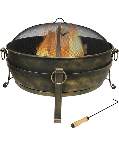 Outdoor Camping or Backyard Round Cauldron Fire Pit with Spark Screen, Log Poker, and Metal Wood Grate