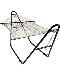 Cotton Double Wide Rope Hammock with Spreader Bars and Multi-Use Steel Stand - 450 Pound Capacity - Natural