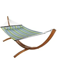 Quilted Double Fabric 2-Person Hammock with Curved Arc Wood Stand