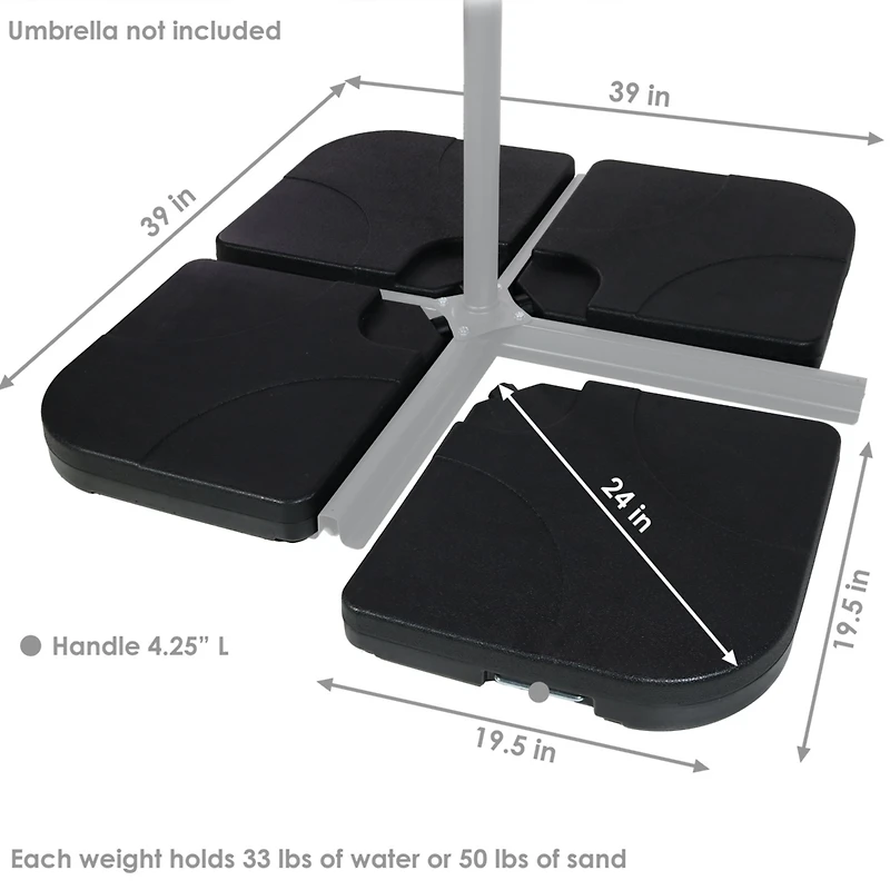 4-Piece Cantilever Umbrella Base Plates Set -For Cross-Style Bases - Fill with Sand or Water - Black