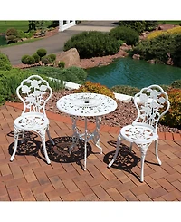 Flower Design Cast Aluminum Bistro Set with Cast Iron Legs, White, 3pc