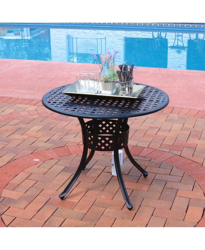 Round Lattice Design Cast Aluminum Outdoor Patio Table with Umbrella Hole, Black