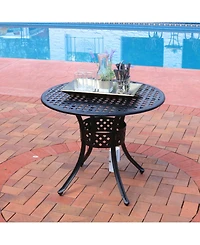 Round Lattice Design Cast Aluminum Outdoor Patio Table with Umbrella Hole, Black