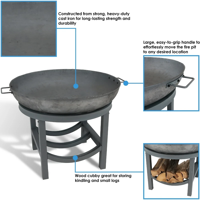 Outdoor Camping or Backyard Cast Iron Round Fire Pit with Built-In Log Rack - 30" - Dark Gray