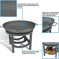 Outdoor Camping or Backyard Cast Iron Round Fire Pit with Built-In Log Rack - 30" - Dark Gray