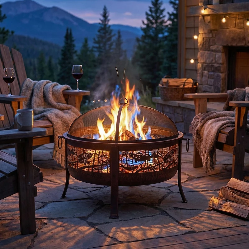 Outdoor Camping or Backyard Steel Northwoods Fishing Fire Pit with Spark Screen - 30" - Bronze