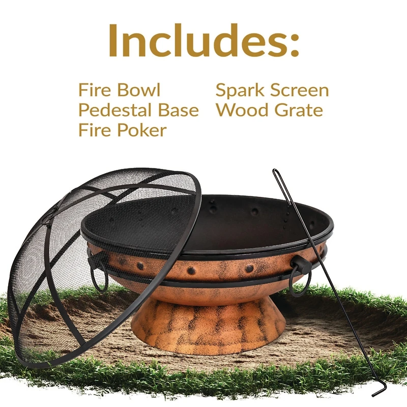 Outdoor Camping or Backyard Large Round Fire Pit Bowl with Handles and Spark Screen - 30" - Copper Finish