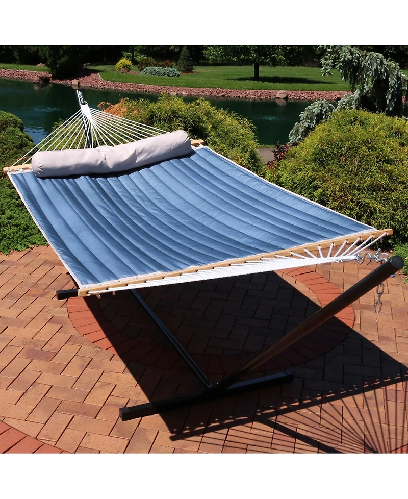 2-Person Outdoor Quilted Fabric Hammock with Spreader Bars with Freestanding Stand and Detachable Pillow - 350 lb Capacity - Tidal Wave