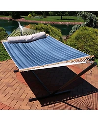 2-Person Outdoor Quilted Fabric Hammock with Spreader Bars with Freestanding Stand and Detachable Pillow - 350 lb Capacity - Tidal Wave