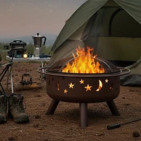 Outdoor Camping or Backyard Round Cosmic Stars and Moons Fire Pit with Cooking Grill Grate, Spark Screen, and Log Poker - 30"