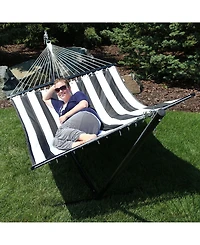 Outdoor 2-Person Quilted Fabric Hammock with Spreader Bars and Freestanding Stand