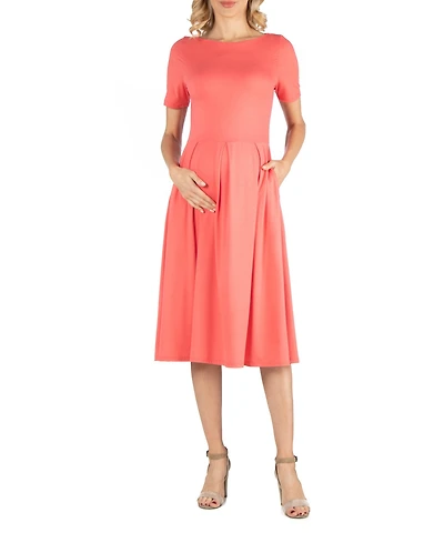 24seven Comfort Apparel Maternity Midi Dress with Short Sleeve and Pocket Detail