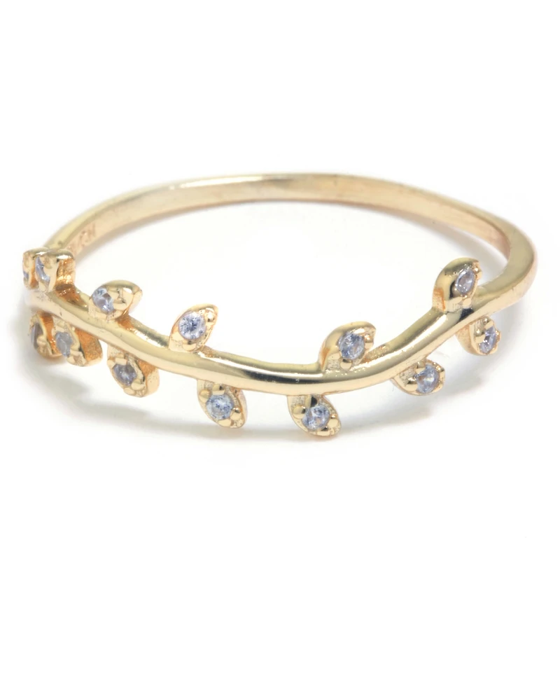 Pave Leaf Accent Ring 14k Gold-Plated Sterling Silver