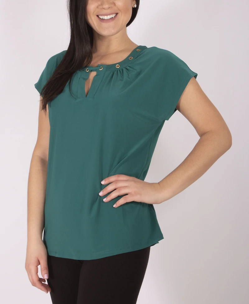 Plus Short Sleeve Jewel Neck Top with Grommets