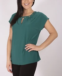 Plus Short Sleeve Jewel Neck Top with Grommets