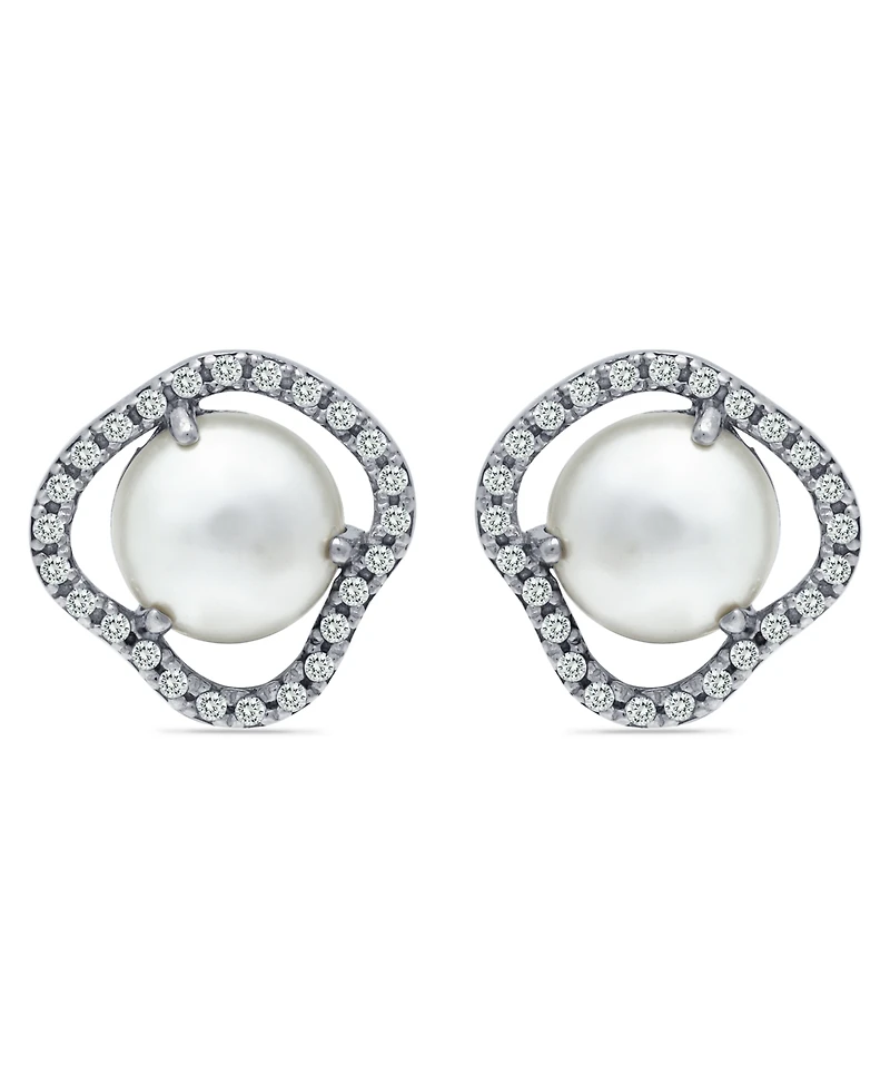 Imitation Pearl Cubic Zirconia Halo Button Earring in Silver Plate