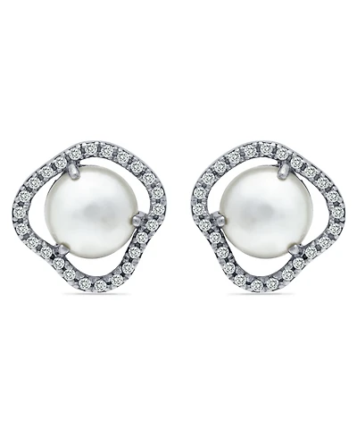 Imitation Pearl Cubic Zirconia Halo Button Earring in Silver Plate