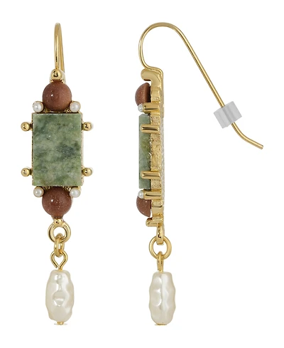 2028 Gold-Tone Semi Precious Aventurine Rectangle Imitation Pearl Drop Earrings