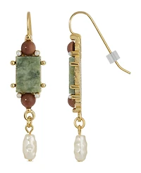 2028 Gold-Tone Semi Precious Aventurine Rectangle Imitation Pearl Drop Earrings