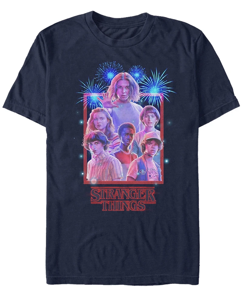 Stranger Things Men's Group Shot Fireworks Poster Short Sleeve T-Shirt
